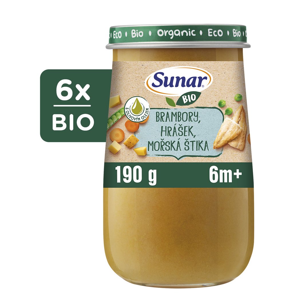 E-shop SUNAR BIO Príkrm zemiaky, hrášok, morská šťuka, olivový olej 6m+, 6x190g