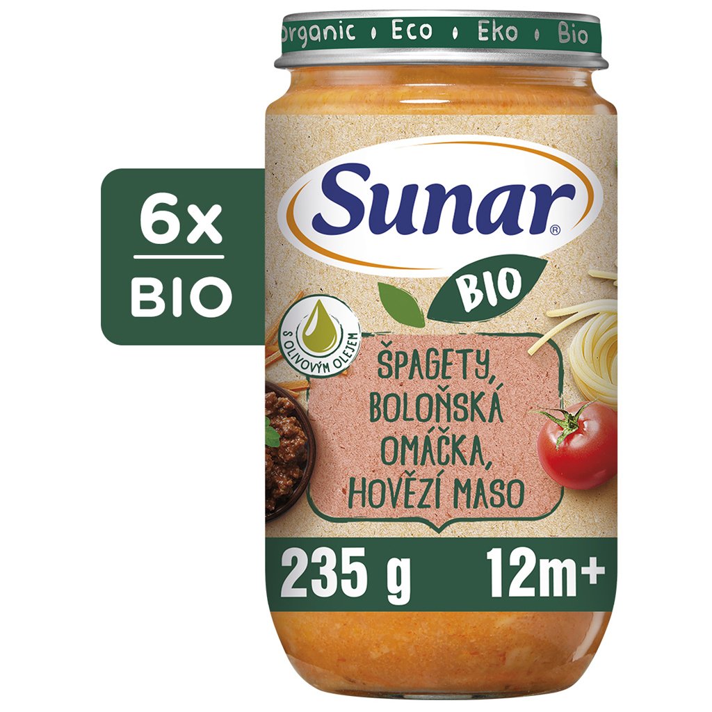 E-shop SUNAR BIO Príkrm špagety, bolonská omáčka, hovädzie mäso 12m+, 6x235g