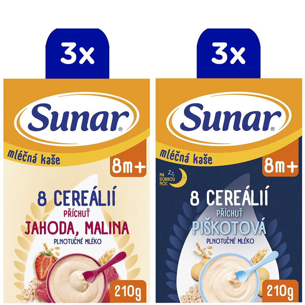 E-shop SUNAR Kaša mliečna 8 cereálií mix príchutí, 8m+, 6x210g