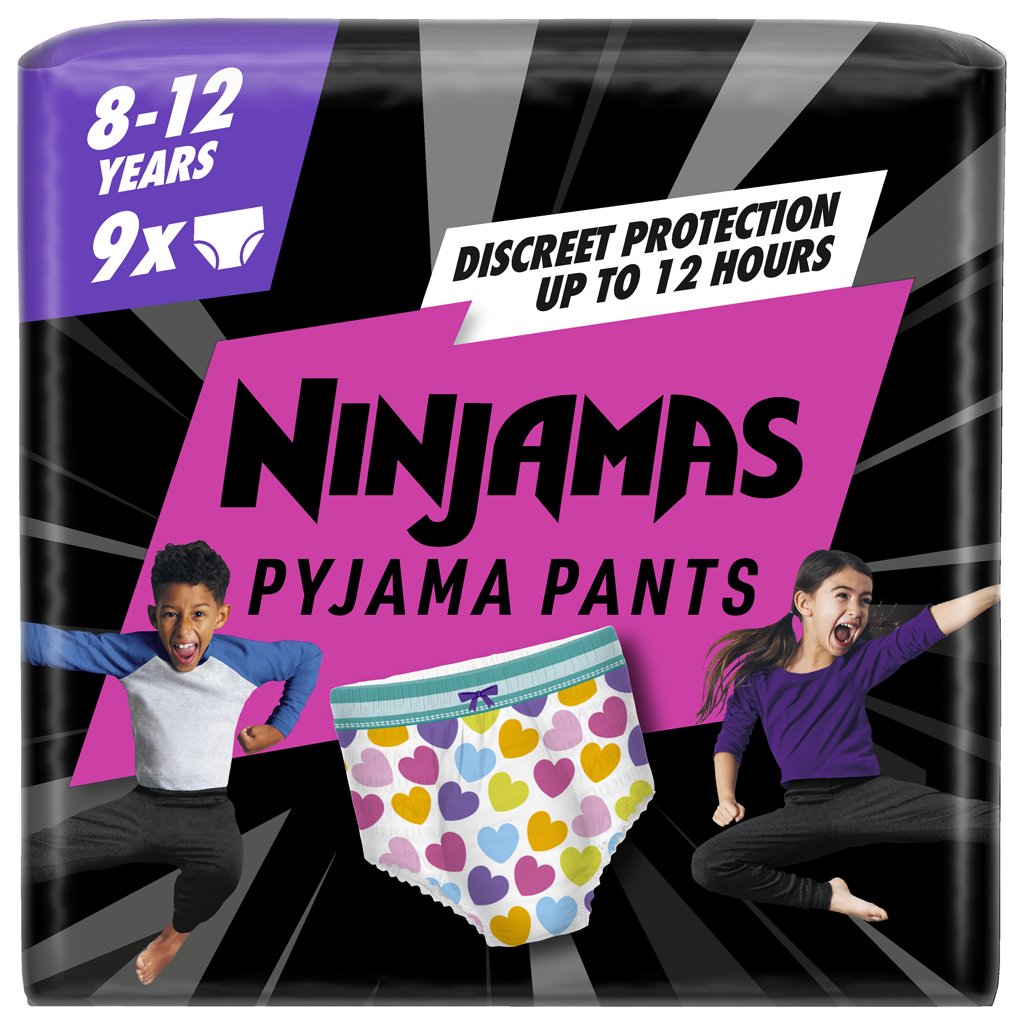 E-shop PAMPERS Nohavičky plienkové Ninjamas Pyjama Pants Srdiečka, 9 ks, 8 rokov, 27kg-43kg