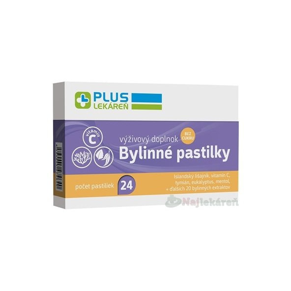 PLUS LEKÁREŇ Bylinné pastilky Bez cukru na bolesť hrdla 24 pastiliek