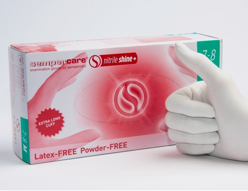 E-shop Sempercare Vyšetrovacie rukavice nitril SHINE bezpudrové M bez latexu (farba biela) 150ks