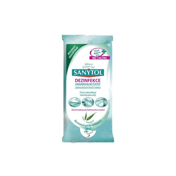 SANYTOL UNIVERZÁLNY ČISTIČ Utierky jednorazové, vôňa Eukalyptus, Dezinfekcia 24ks