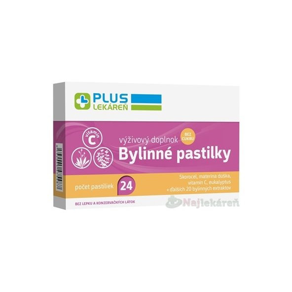 PLUS LEKÁREŇ Bylinné pastilky Bez cukru na bolesť hrdla 24 pastiliek