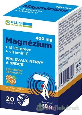 E-shop PLUS LEKÁREŇ Magnézium 400 mg + B komplex + vitamín C, vrecúška s príchuťou pomaranč 20 ks