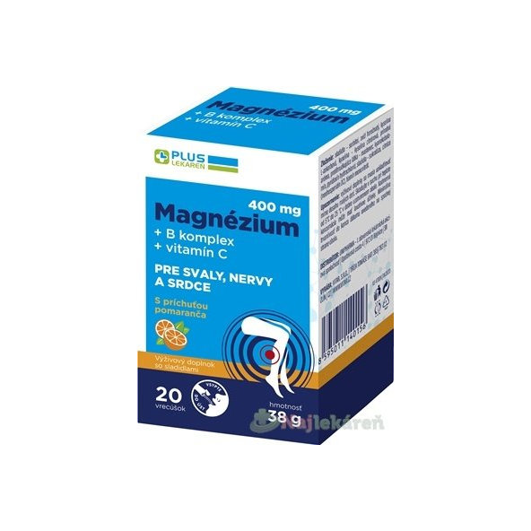PLUS LEKÁREŇ Magnézium 400 mg + B komplex + vitamín C, vrecúška s príchuťou pomaranč 20 ks