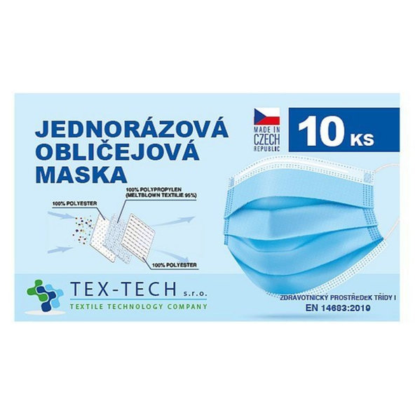 Jednorázové zdravotnícke rúško na tvár 3-vrstvové, 10ks