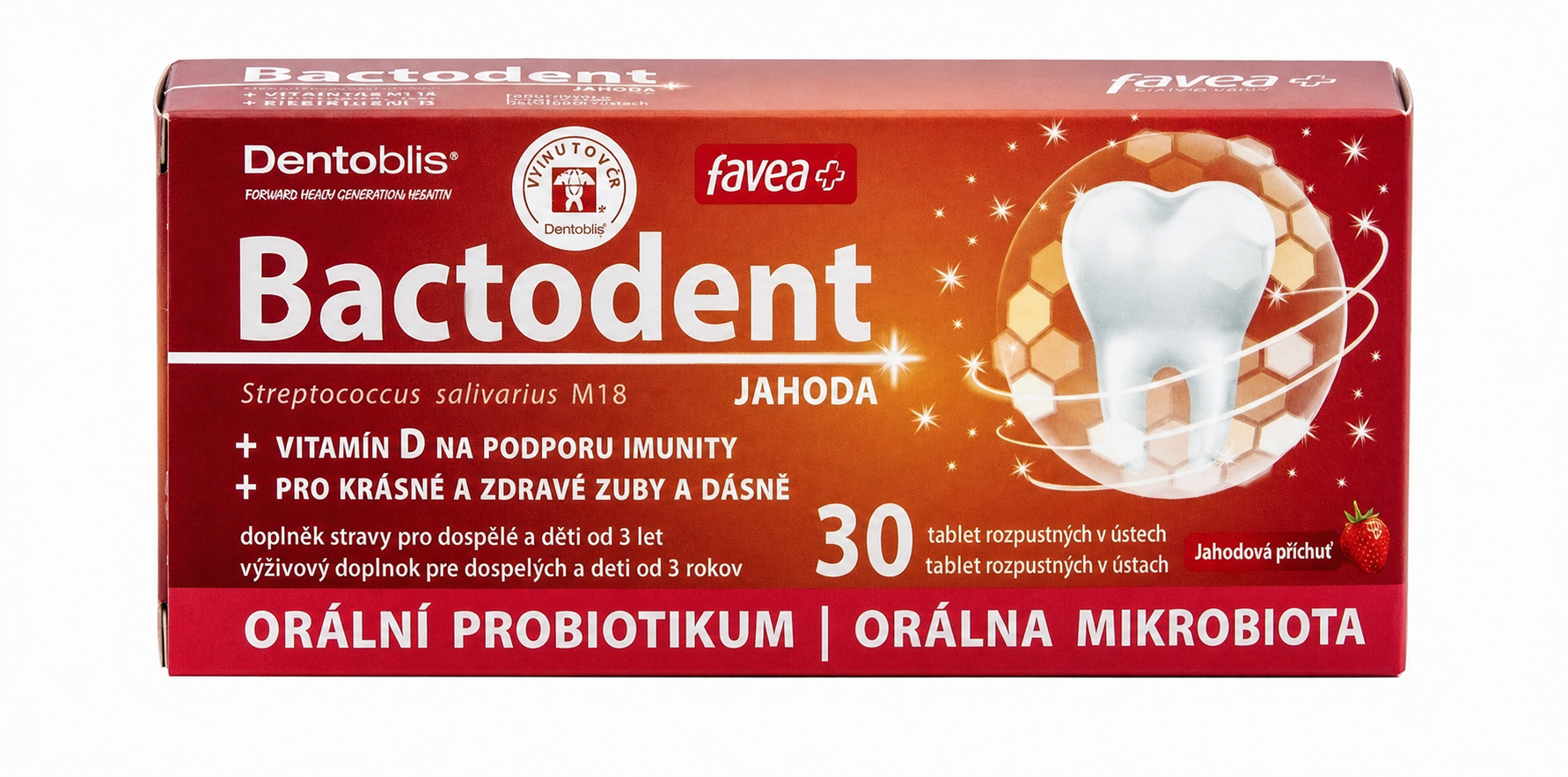 favea Bactodent s vitamínom D jahodová príchuť 30 žuvacích tabliet