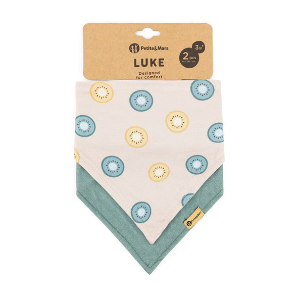 PETITE&MARS Podbradník bandana Luke Beige Kiwis&Misty Green 3m+ 2 ks