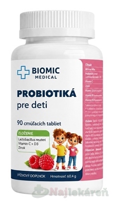 BIOMIC Probiotiká pre deti malina 90 cmúľacích tabliet