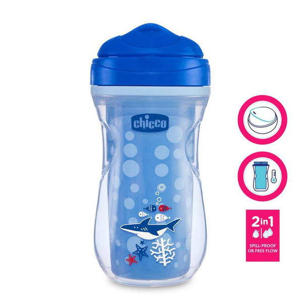 CHICCO Hrnček Active termo s tvrdým náustkom 200 ml, modrý, žralok 14m+
