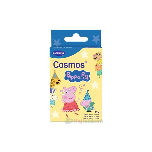 Cosmos Peppa Pig vodeodolná detská náplasť na rany, 3 veľkosti 12ks