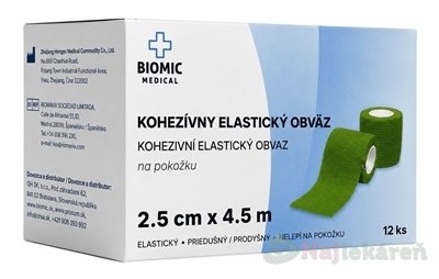 BIOMIC Kohezívny elastický obväz zelený 2,5 cm x 4,5 m 12 ks