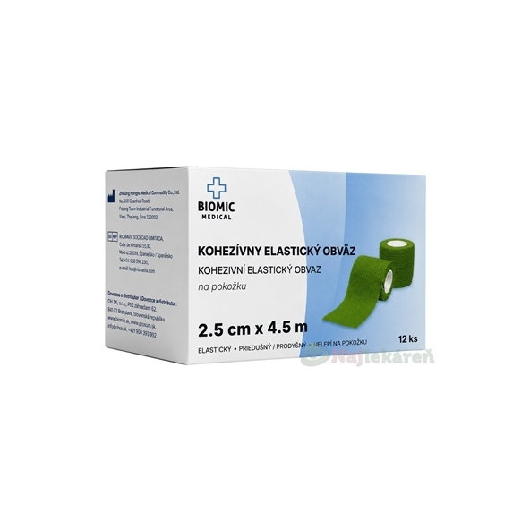 BIOMIC Kohezívny elastický obväz zelený 2,5 cm x 4,5 m 12 ks