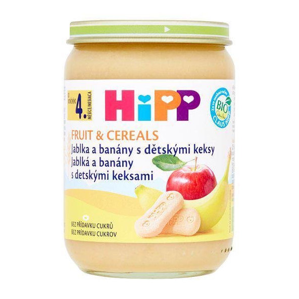 HiPP Príkrm ovocný BIO jablká a banány s detskými keksíkmi 190g