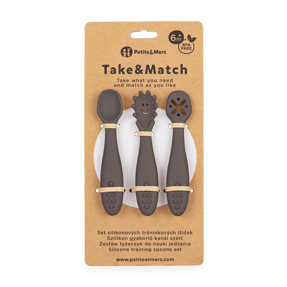 PETITE&MARS Tréningové lyžičky Take&Match Bitter Cocoa 6m+ 3ks