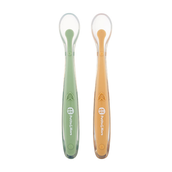 PETITE&MARS lyžičky s puzdrom Take&Match Pea Ochre 6m+ 2 ks