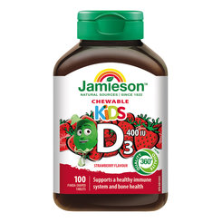 Jamieson Vitamín D3 Kids 400 IU s príchuťou jahody pre deti 100 tabliet na cmúľanie