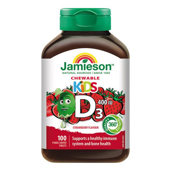 Jamieson Vitamín D3 Kids 400 IU s príchuťou jahody pre deti 100 tabliet na cmúľanie