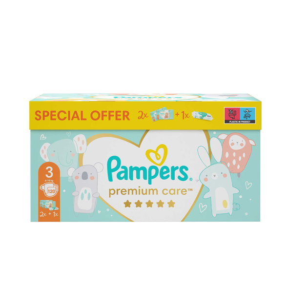 PAMPERS Balenie darčekové - Jednorázové plienky Premium Care 3 (6-10 kg), 120 ks + obrúsky ZDARMA