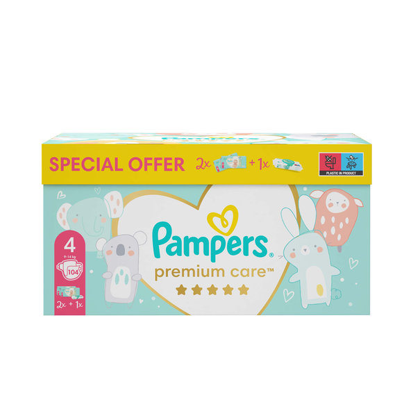 PAMPERS Balenie darčekové - Jednorázové plienky Premium Care 4 (9-14 kg), 104 ks + obrúsky ZDARMA