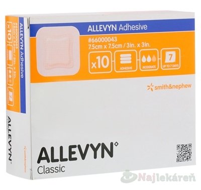 E-shop ALLEVYN Adhesive krytie polyuretánové hydrocelulárne, adhezívne 7,5x7,5cm, 10ks