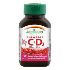 Jamieson Vitamín C 500 mg + D3 500 IU čerešňa 30 žuvacích tabliet