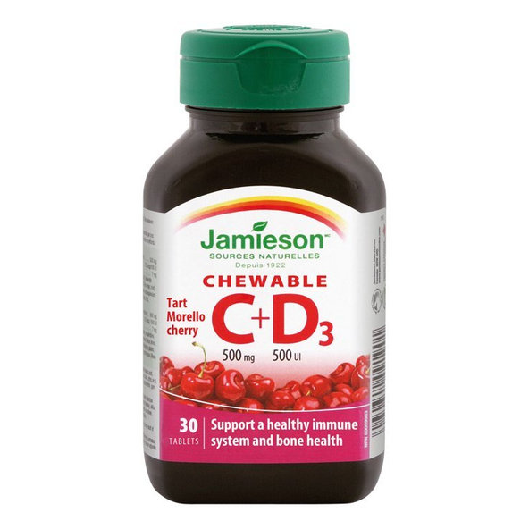 Jamieson Vitamín C 500 mg + D3 500 IU čerešňa 30 žuvacích tabliet