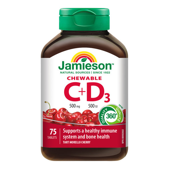 Jamieson Vitamíny C a D3 500 mg/ 500 IU 75 tablety na cmúľanie