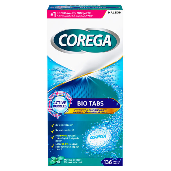 COREGA BIO Tabs na zubné náhrady 136 tabliet
