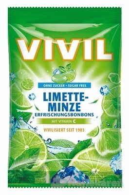 E-shop VIVIL BONBONS LIMETTE-MINZE, drops s príchuťou limetka a pepermint s vitamínom C, bez cukru, 60g
