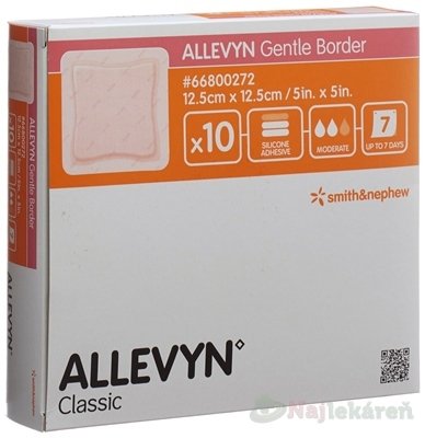E-shop ALLEVYN Gentle Border Krytie na rany 12,5x12,5cm, adhezívne penové krytie so silikónovým gél 10ks