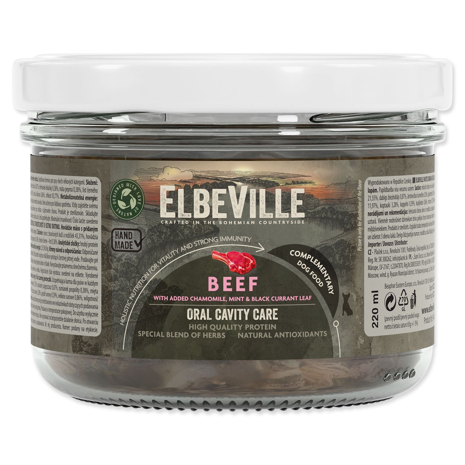 Pohár sklenený Elbeville Dog Oral Cavity Care, hovädzie s pridaným harmančekom 220ml