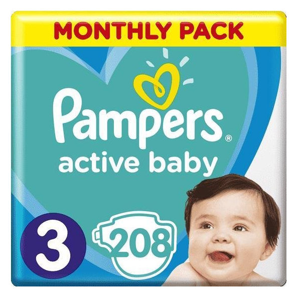 PAMPERS Active Baby 3 (6-10 kg) 208 ks MESAČNÁ ZÁSOBA – jednorazové plienky