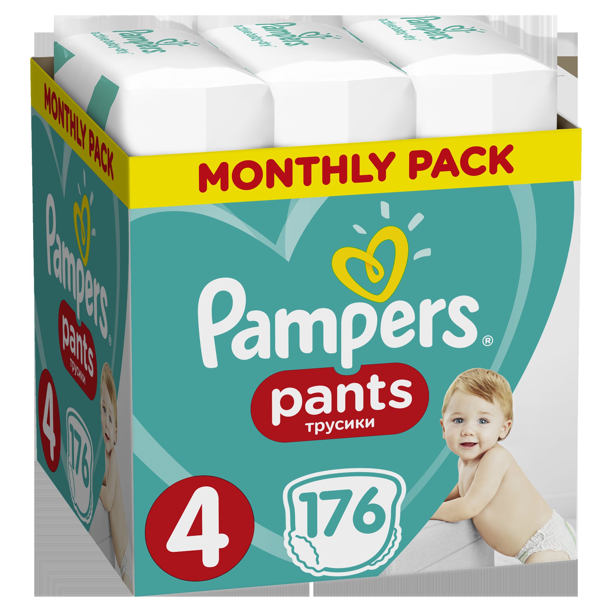 E-shop PAMPERS Pants 4 Active Baby Dry 176 ks (9-15 kg) MESAČNÁ ZÁSOBA - plienkové nohavičky