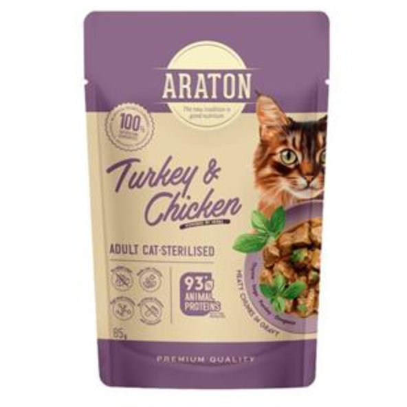 ARATON cat adult sterilised wet turkey&chicken kapsička pre mačky 85 g