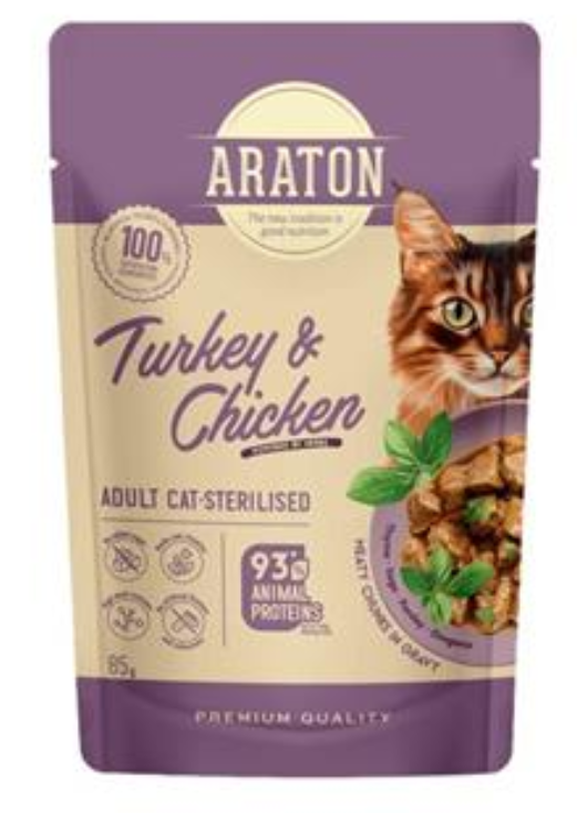ARATON cat adult sterilised wet turkey&chicken kapsička pre mačky 85 g