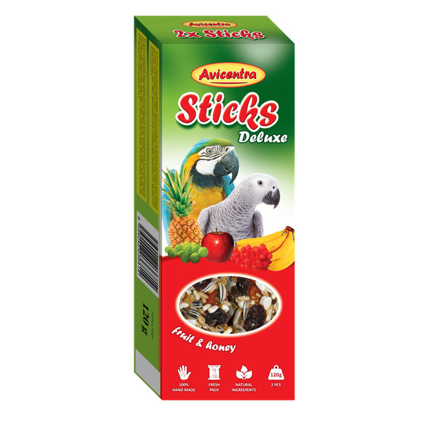 AVICENTRA tyčinky pre veľké papagáje - med a ovocie 2ks/130g