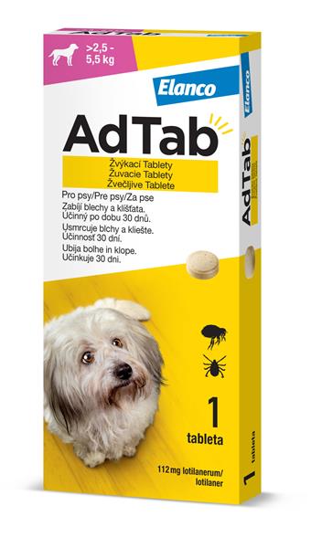 E-shop AdTab 112 mg žuvacie tablety proti blchám a kliešťom pre psy (> 2,5–5,5 kg) 1 tableta