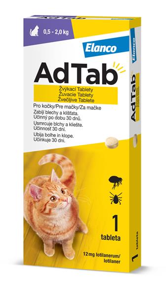 E-shop AdTab 12 mg žuvacie tablety proti blchám a kliešťom pre mačky (0,5–2,0 kg) 1 tableta