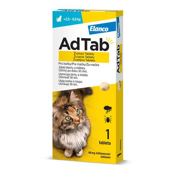AdTab 48 mg žuvacie tablety proti blchám a kliešťom pre mačky (> 2,0–8,0 kg) 1 tableta