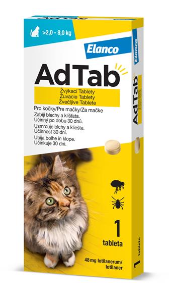 E-shop AdTab 48 mg žuvacie tablety proti blchám a kliešťom pre mačky (> 2,0–8,0 kg) 1 tableta