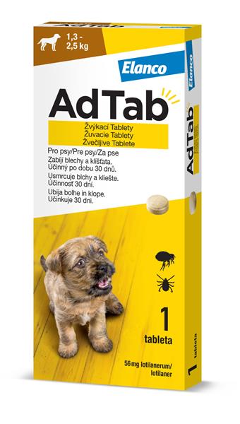 E-shop AdTab 56 mg žuvacie tablety proti blchám a kliešťom pre psy (1,3–2,5 kg) 1 tableta