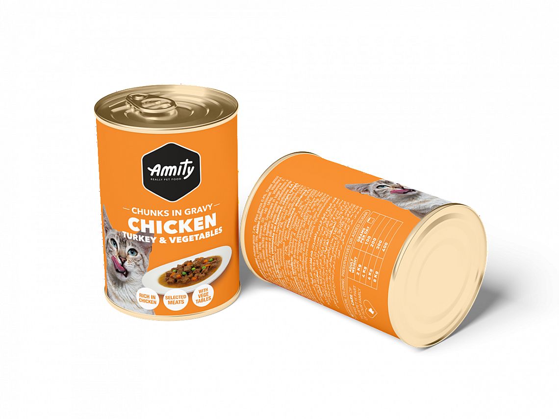 Amity cat konzerva kuracie kúsky morka so zeleninou v omáčke 415g