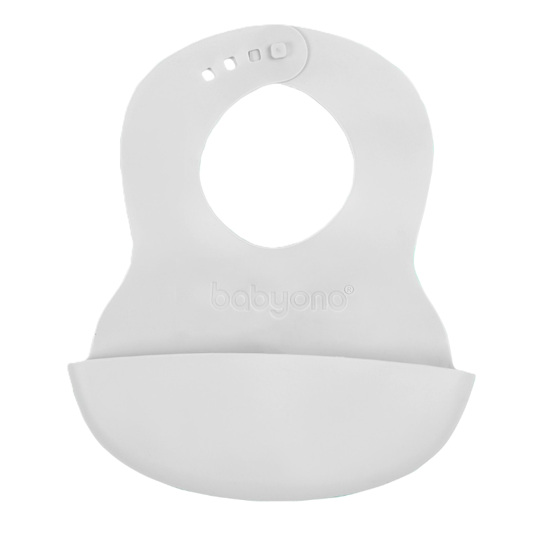 BABYONO Podbradník mäkký plastový s vreckom bez BPA light grey 6 m+