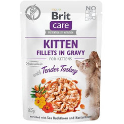 Brit Care cat bezobilné filety s morčacím mäsom, rakytníkom a kapucínkou v omáčke pre mačiatka 24x85g