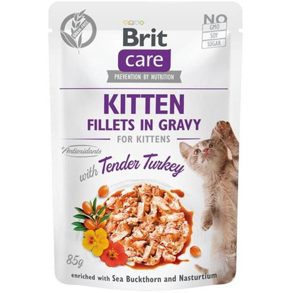 Brit Care cat bezobilné filety s morčacím mäsom, rakytníkom a kapucínkou v omáčke pre mačiatka 24x85g
