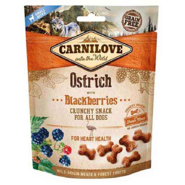 Carnilove Dog bezobilné mäsové maškrty pre psy všetkých plemien s pštrosím mäsom a černicami 200g