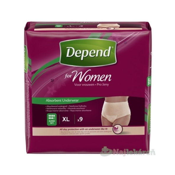 DEPEND SUPER XL pre ženy naťahovacie nohavičky obvod bokov 120-150cm 9ks