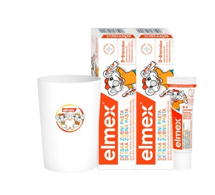 Elmex Detská zubná pasta 50 ml + 12ml) + kefka + pohárik kúpite na Najlekaren.eu